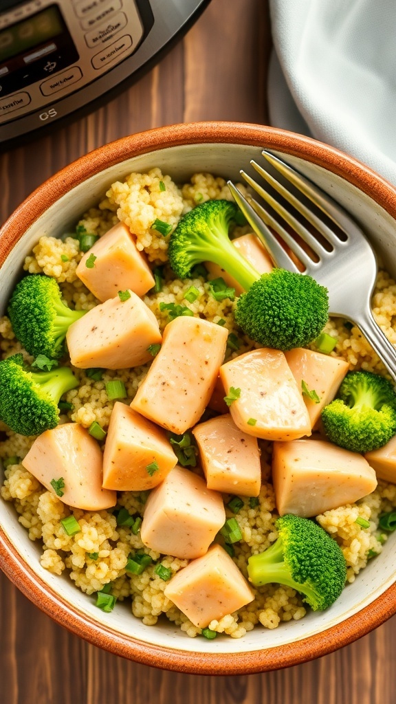 A nutritious bowl of chicken, quinoa, and broccoli, garnished with parsley, on a wooden table.